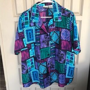 Liz Baker Multicolor Blouse Sz16W Collar Short Sleeves Button Front